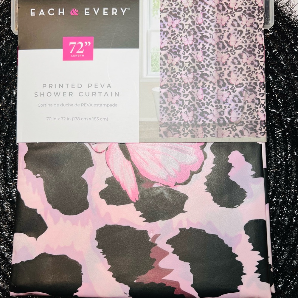 Pink Butterflies and Black Animal Print Peva Shower Curtain Textured